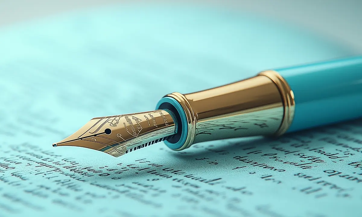 Close-up of a teal fountain pen resting on a manuscript with cursive writing, symbolizing historical records and agreements.