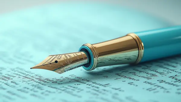 Close-up of a teal fountain pen resting on a manuscript with cursive writing, symbolizing historical records and agreements.