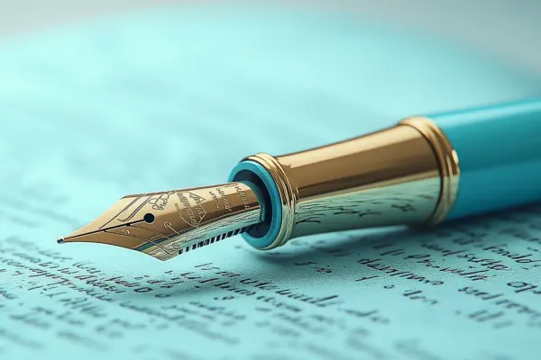 Close-up of a teal fountain pen resting on a manuscript with cursive writing, symbolizing historical records and agreements.