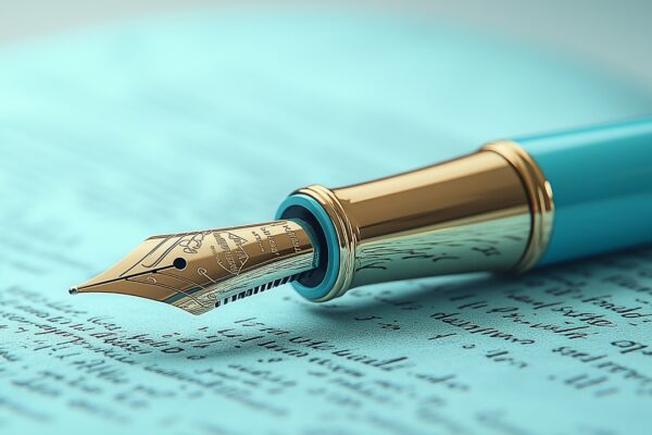 Close-up of a teal fountain pen resting on a manuscript with cursive writing, symbolizing historical records and agreements.