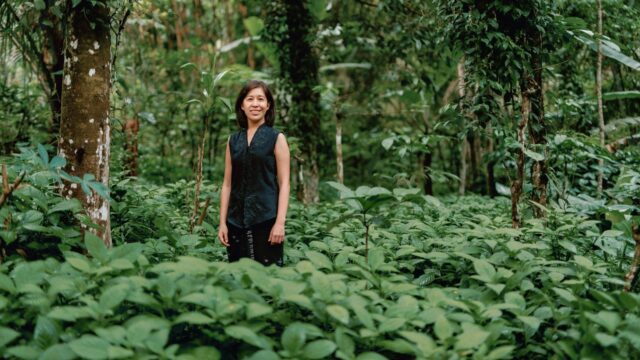 Denica Riadini-Flesch, founder of SukkhaCitta, stands among lush green foliage in a regenerative cotton field in Indonesia. Her social enterprise trains farmers and artisans to rebuild soil health through traditional craft and natural dyes.