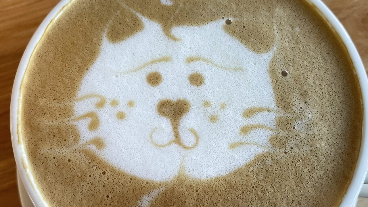 Latte in a white mug with cat foam art