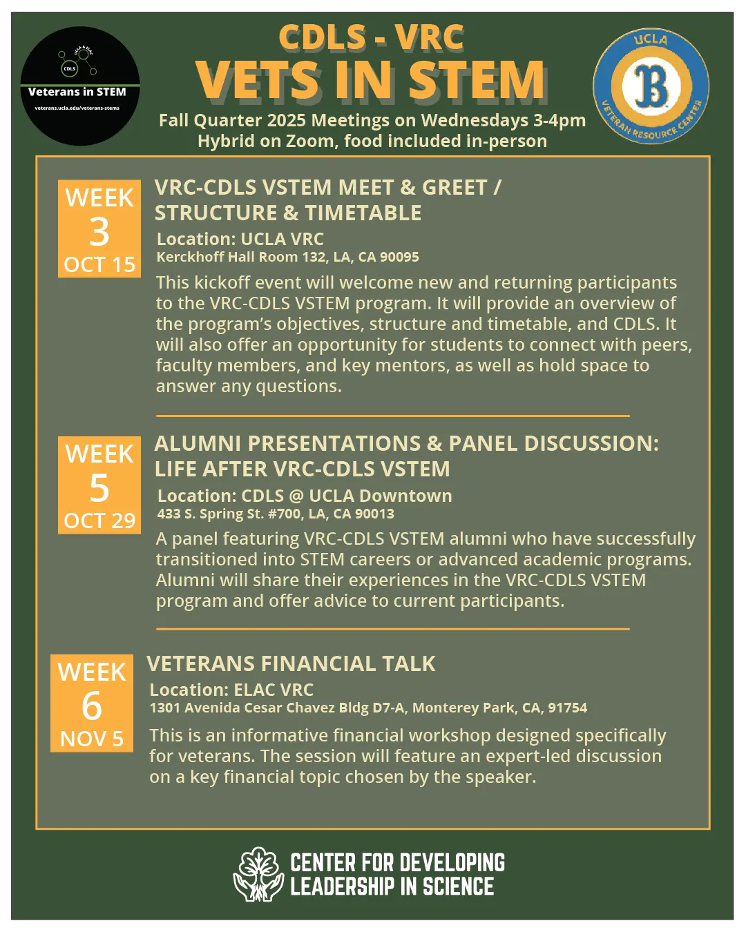 Vets In STEM 2025 Fall Programming flyer. Information is repeated on the page.