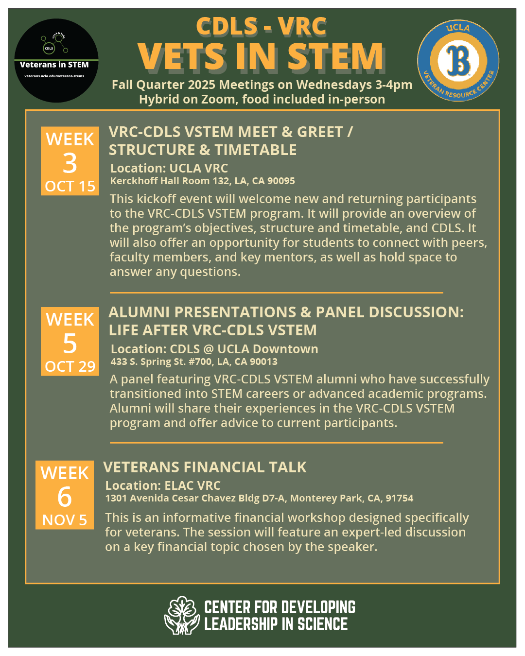 Vets In STEM 2025 Fall Programming flyer. Information is repeated on the page.