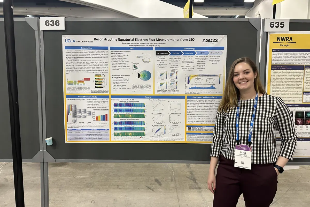 Nique Stumbaugh, in front of her research poster “Reconstructing Equatorial Electron Flux Measurements from LEO” at the American Geophysical Union Fall 2023 Meeting.