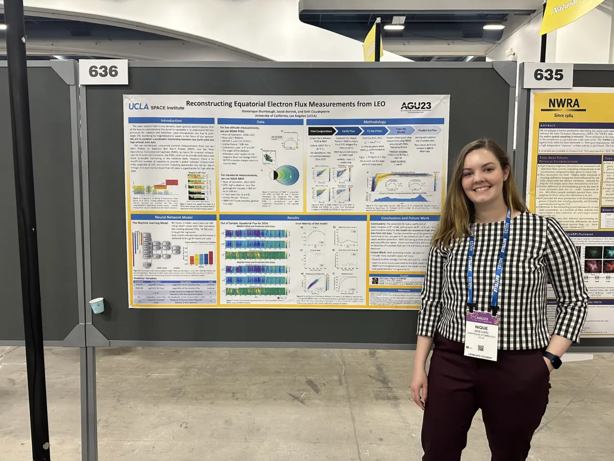 Nique Stumbaugh, in front of her research poster “Reconstructing Equatorial Electron Flux Measurements from LEO” at the American Geophysical Union Fall 2023 Meeting.