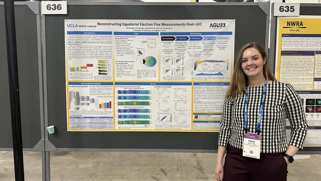 Nique Stumbaugh, in front of her research poster “Reconstructing Equatorial Electron Flux Measurements from LEO” at the American Geophysical Union Fall 2023 Meeting.