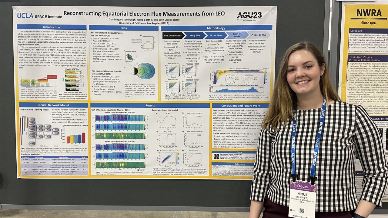 Nique Stumbaugh, in front of her research poster “Reconstructing Equatorial Electron Flux Measurements from LEO” at the American Geophysical Union Fall 2023 Meeting.