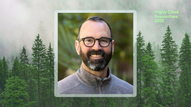 Alex Hall smiles wearing glasses and a gray jacket, centered in a framed headshot over a forest background. Green text in the top right corner reads “Highly Cited Researchers 2025.”