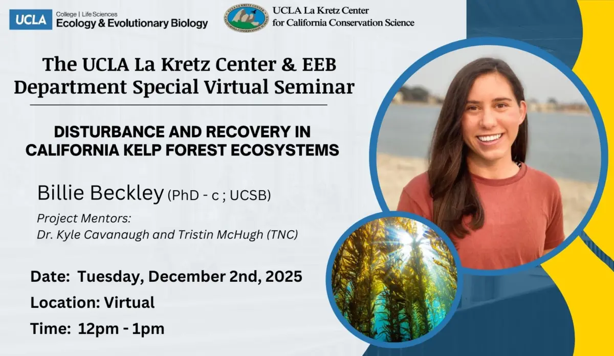 UCLA La Kretz Center Fellowship candidate, Billie Beckley, seminar Promotion