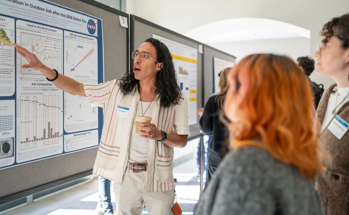 Isaac Aguilar, a geobiologist from Caltech and a participant in the LA Fire HEALTH Study consortium, explains his team’s findings on contamination in outdoor ash from the Eaton fire burn zone.