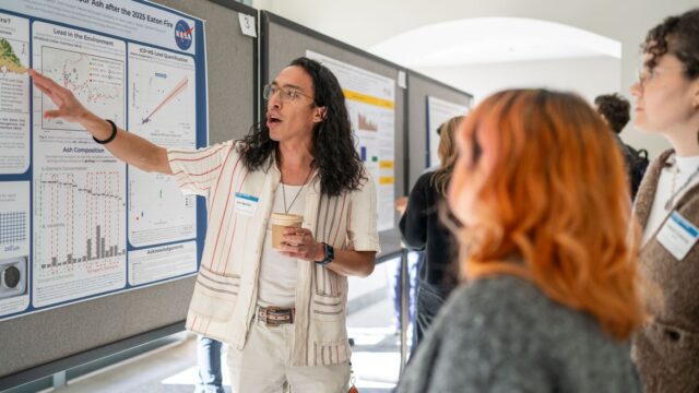 Isaac Aguilar, a geobiologist from Caltech and a participant in the LA Fire HEALTH Study consortium, explains his team’s findings on contamination in outdoor ash from the Eaton fire burn zone.