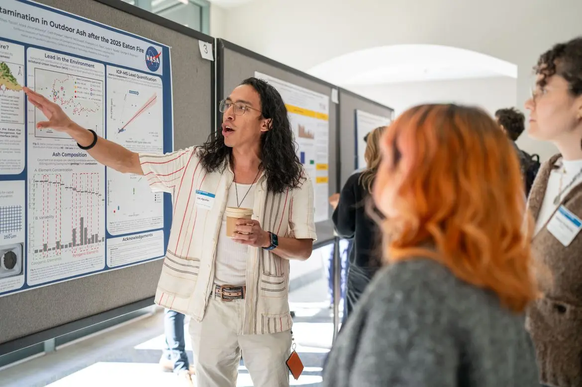 Isaac Aguilar, a geobiologist from Caltech and a participant in the LA Fire HEALTH Study consortium, explains his team’s findings on contamination in outdoor ash from the Eaton fire burn zone.