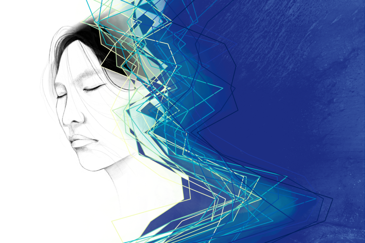 An artwork featuring a black and white self-portrait of a woman with black hair, a graph of sea level rise, and a blue background.