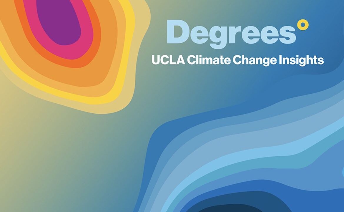 Abstract image with a color gradient suggesting heat in one corner and cold in another, similar to a weather map, heat map, elevation map or climate stripes, labeled "Degrees: UCLA Climate Change Insights."