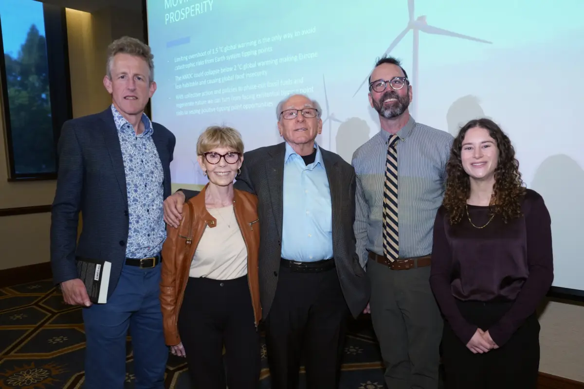 From left to right: Professor Tim Lenton, Linda Turco, Professor Emeritus Richard Turco, IoES Director Alex Hall, IoES graduate student Rachel Sheinberg