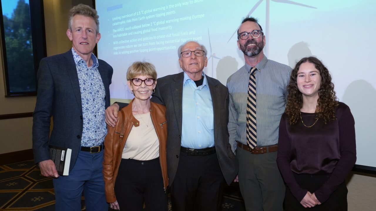 From left to right: Professor Tim Lenton, Linda Turco, Professor Emeritus Richard Turco, IoES Director Alex Hall, IoES graduate student Rachel Sheinberg