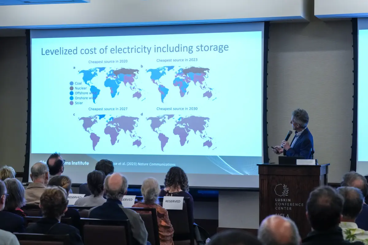 Global maps depicting the lowest cost electricity sources from 2020 to 2030, with renewables, primarily solar, leading.