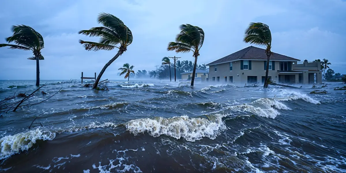 View of a flooded street with a house half submerged and palm trees blown by strong winds.