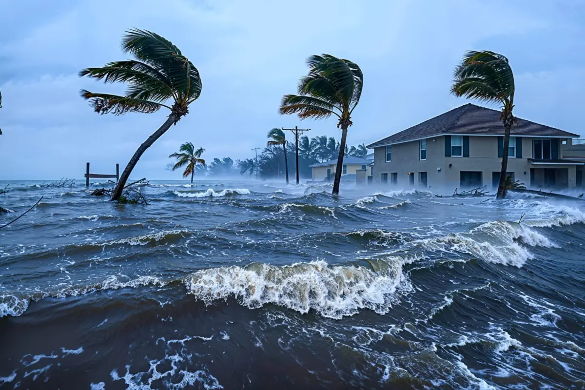 View of a flooded street with a house half submerged and palm trees blown by strong winds.