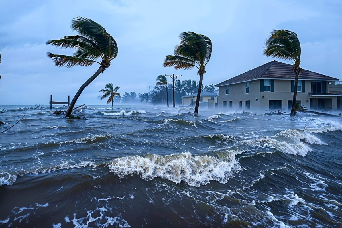 View of a flooded street with a house half submerged and palm trees blown by strong winds.