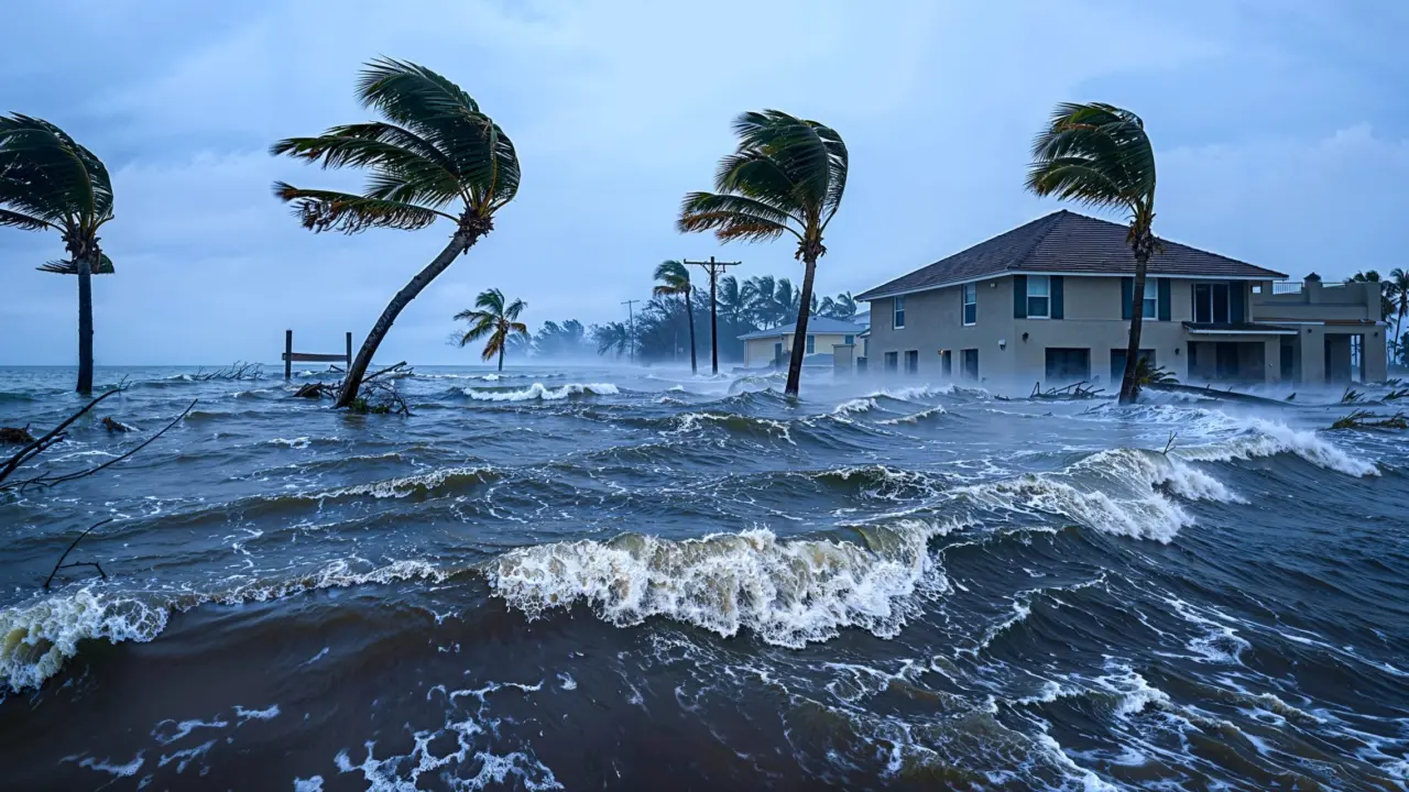 View of a flooded street with a house half submerged and palm trees blown by strong winds.