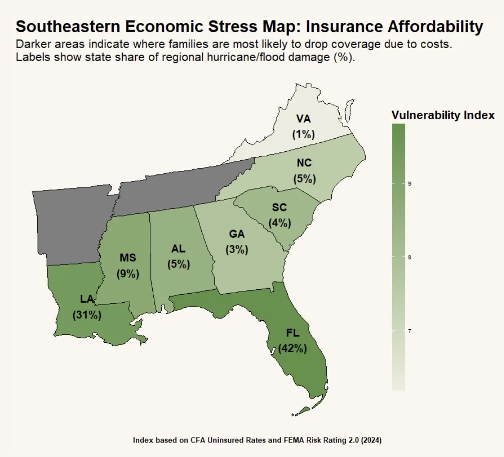 A map of the US showing states where families are most likely to drop insurance coverage due to costs and the percentage of state share of regional hurricane/flood damage. States in order of most likely to drop coverage (% hurricane/flood damage in brackets) are: FL (42%), LA (31%), MS (9%), AL (5%), NC (5%), SC (4%), GA (3%), and VA (1%). Index based on CFA Uninsured Rates and FEMA Risk Rating 2.0 (2024).