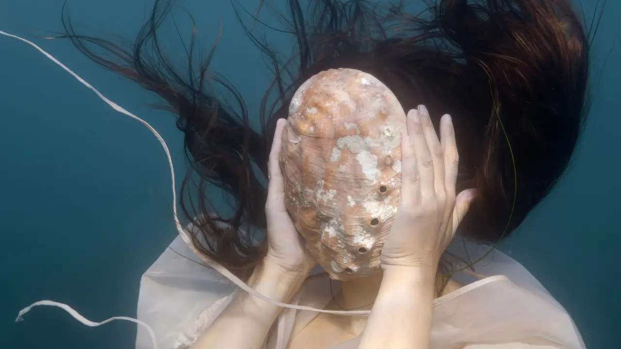 Woman underwater with shell covering her face