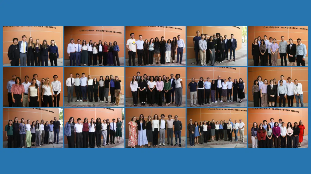 Grid of fifteen group portraits of practicum student teams posed outside the California NanoSystems Institute building at UCLA.