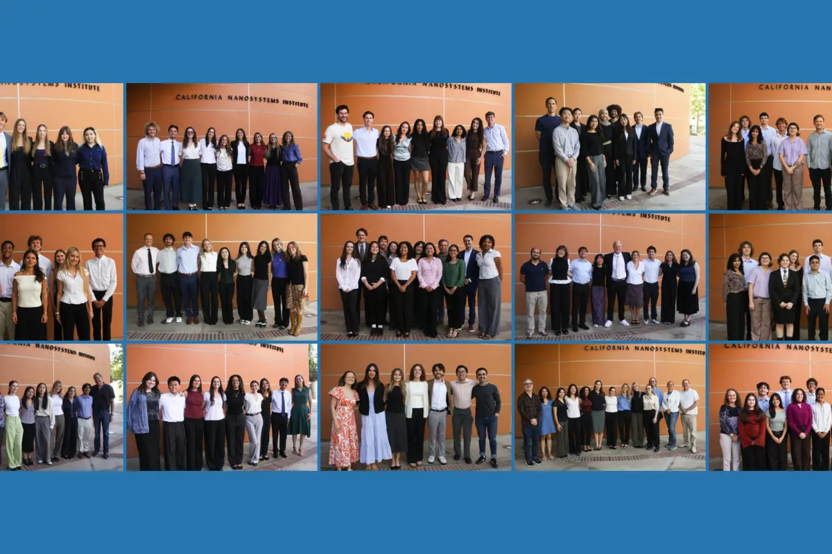 Grid of fifteen group portraits of practicum student teams posed outside the California NanoSystems Institute building at UCLA.