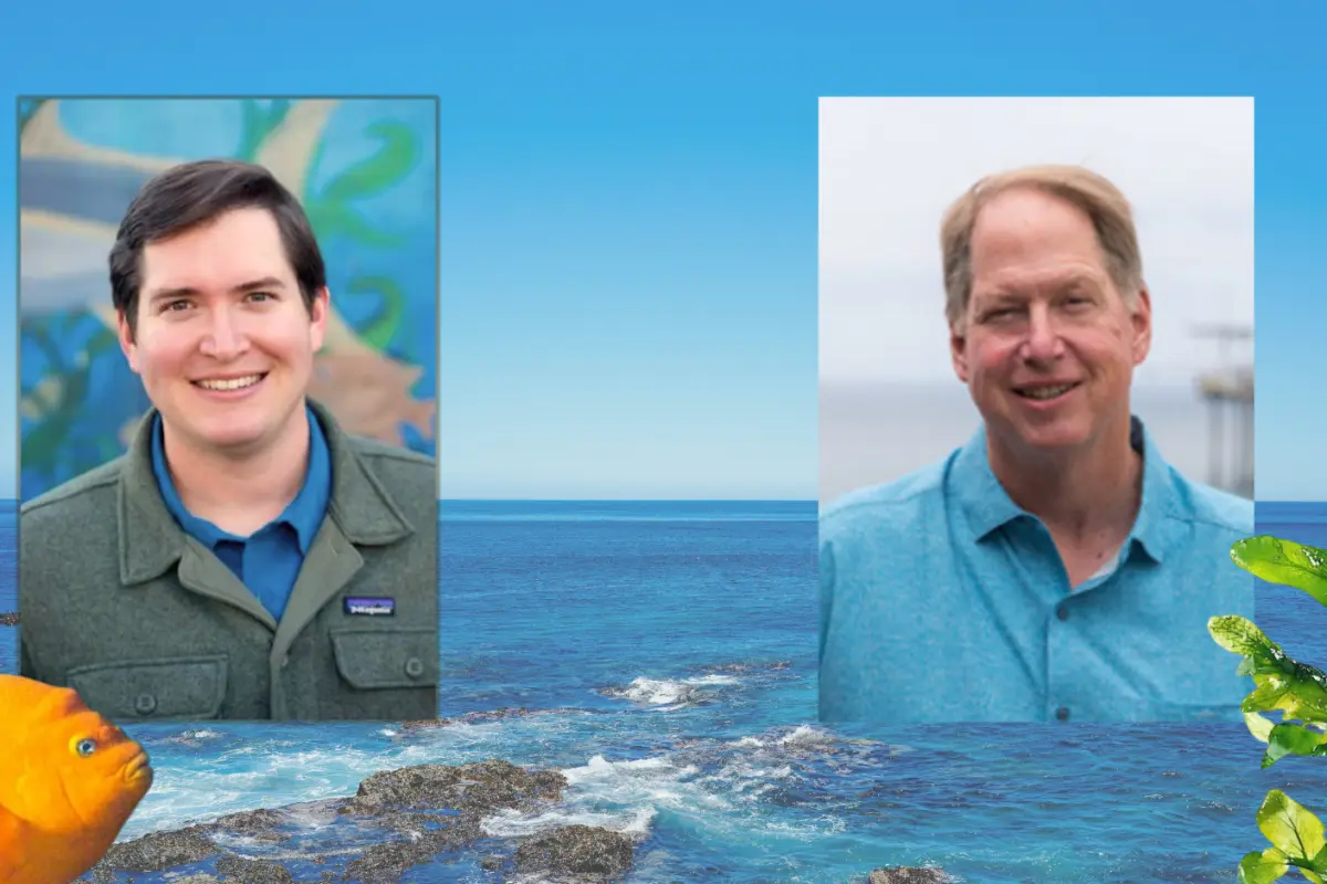 Two smiling men pictured over a coastal ocean scene, with an orange fish in the lower left, green kelp in the lower right, and the La Kretz Center for California Conservation Science logo in the upper right.