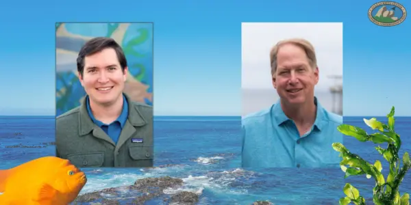 Two smiling men pictured over a coastal ocean scene, with an orange fish in the lower left, green kelp in the lower right, and the La Kretz Center for California Conservation Science logo in the upper right.