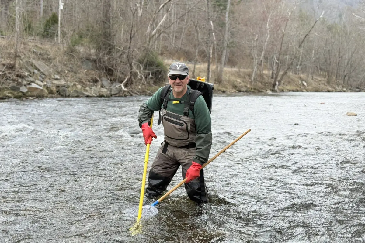 A man standing in a review using nets to fish.