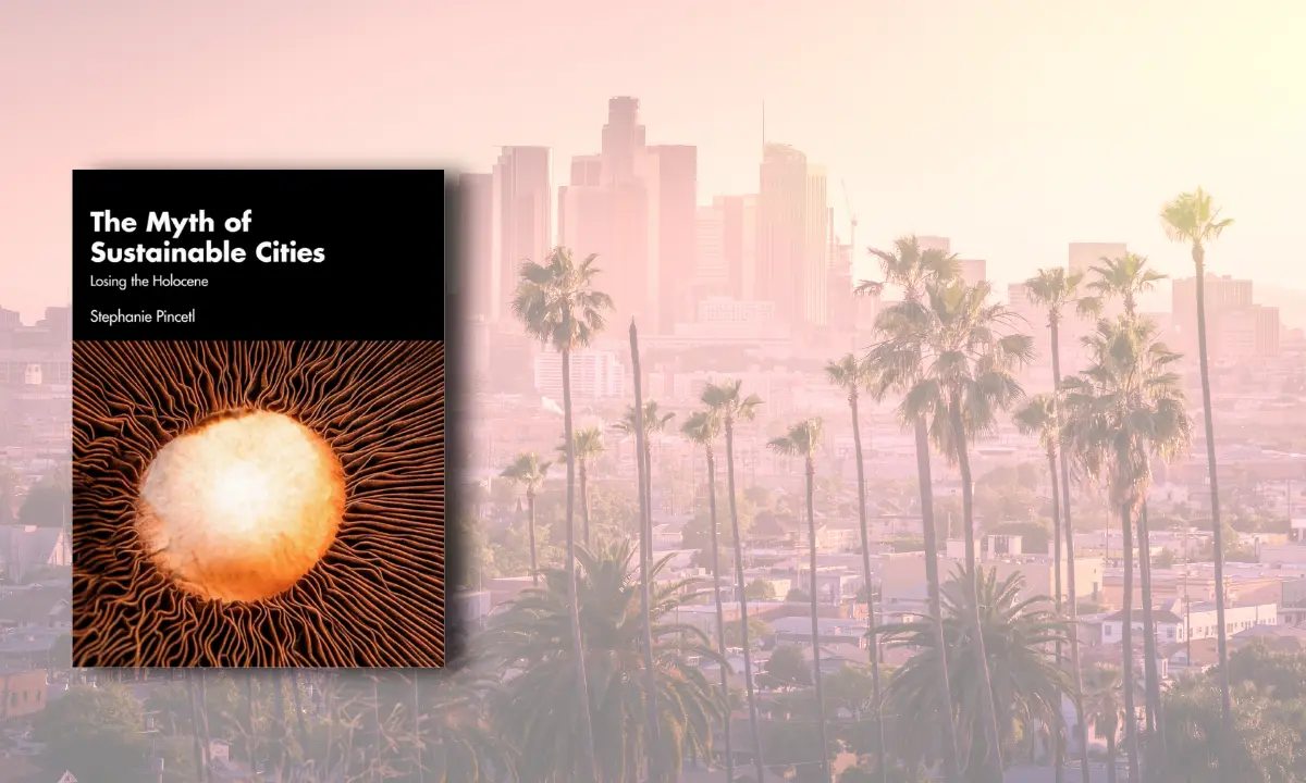 A book hovering over a cityscape in the background. The book is titled Myth of Sustainable Cities: Losing the Holocene