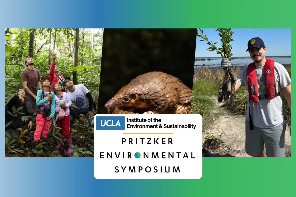 Pritzker Environmental Symposium graphic featuring people conducting fieldwork in a forest and wetland, with a pangolin at center and UCLA Institute of the Environment and Sustainability branding.
