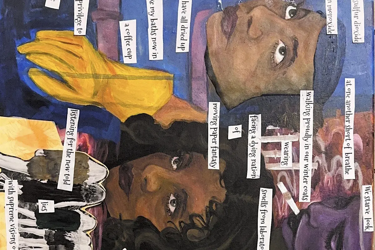 Collage painting of faces among cut-out strips of musical theater lyrics, including “Welcome sulfur dioxide” and “Hello carbon monoxide.”