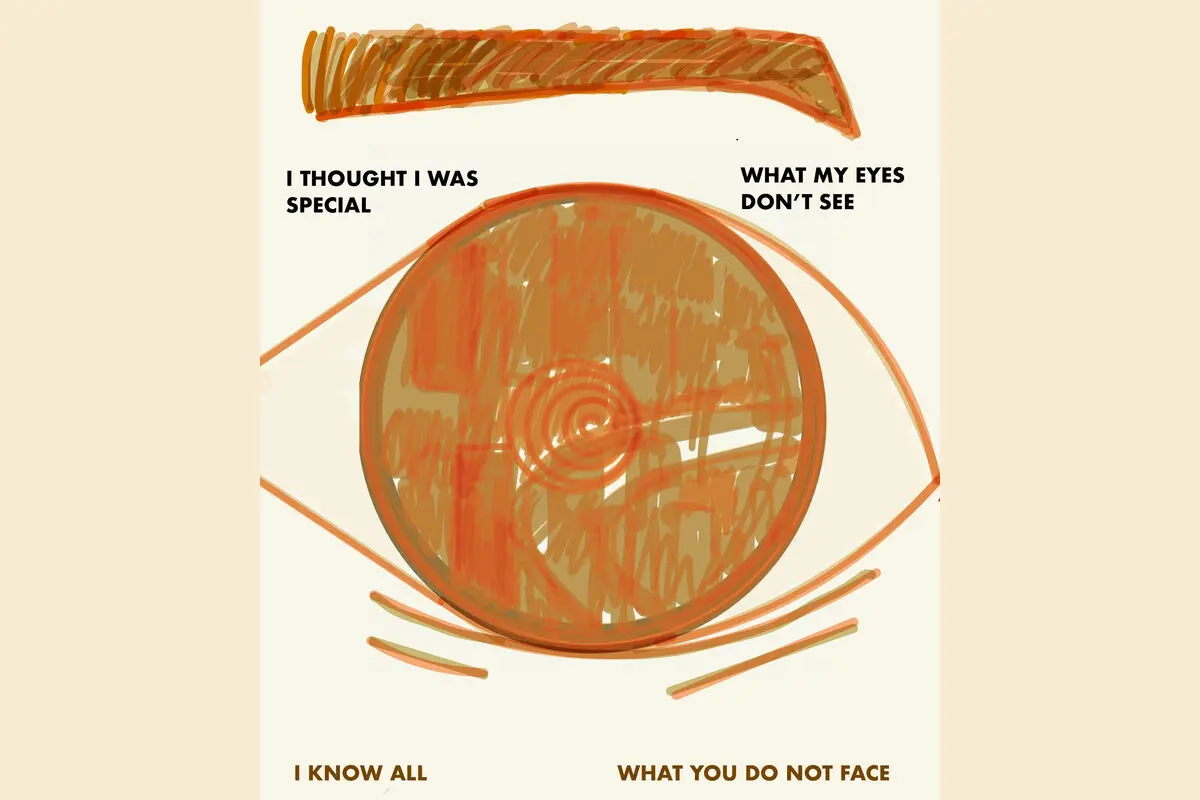 Drawing of a large orange eye framed by the words “I thought I was special,” “What my eyes don’t see,” “I know all” and “What you do not face.”