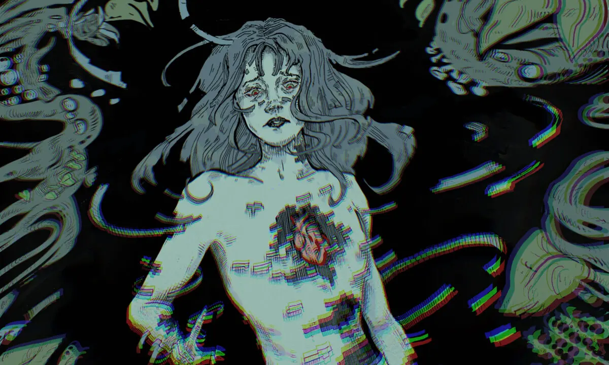 Digital illustration of a woman drawn in pale blue lines, her body breaking apart in glitching bands of color around an exposed red heart, against dark leaves.