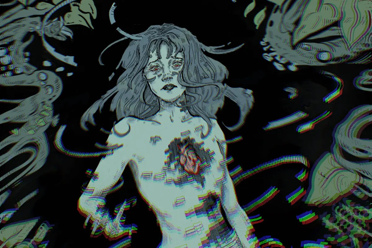 Digital illustration of a woman drawn in pale blue lines, her body breaking apart in glitching bands of color around an exposed red heart, against dark leaves.